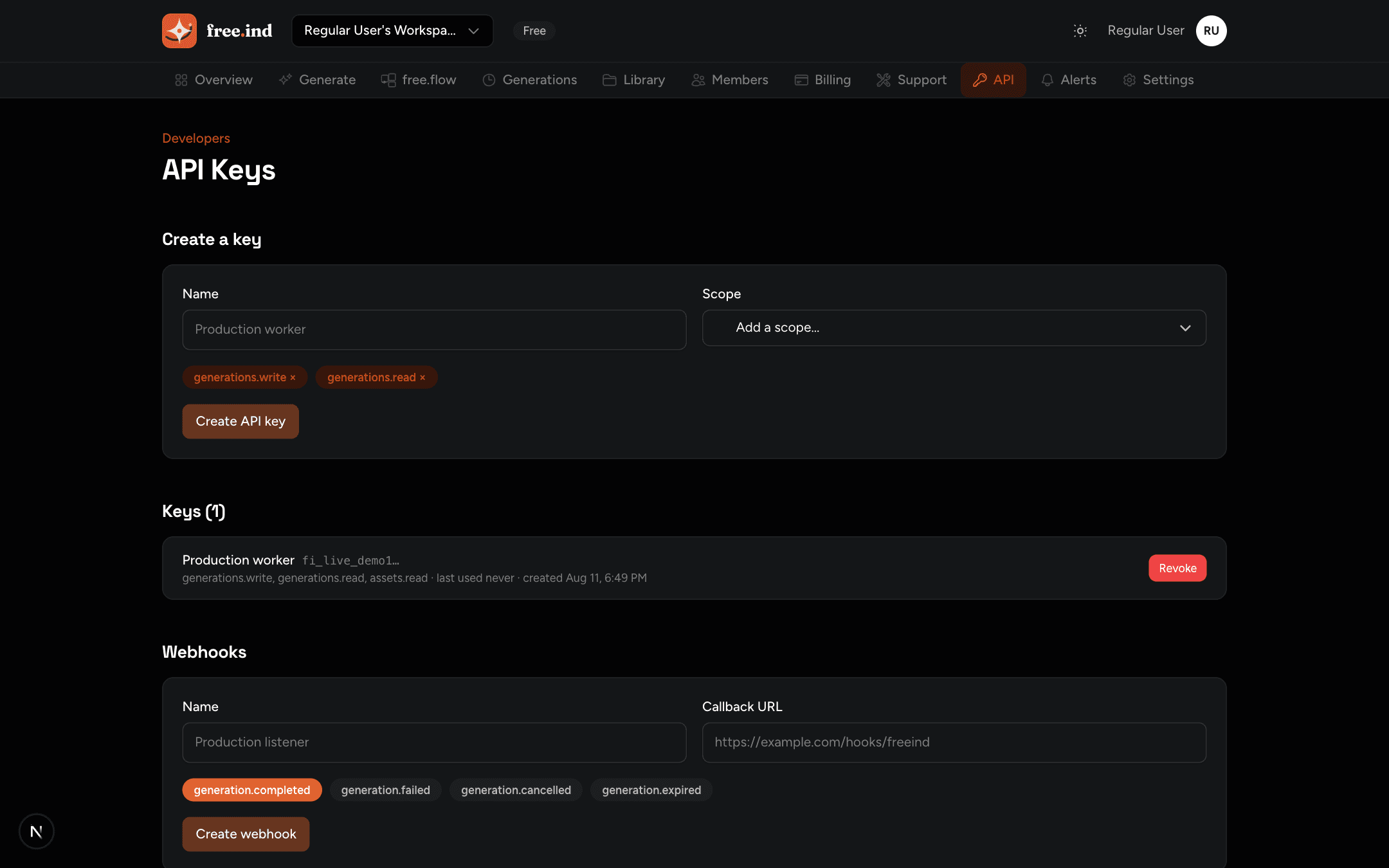 API keys page with scoped keys and webhook endpoint creation