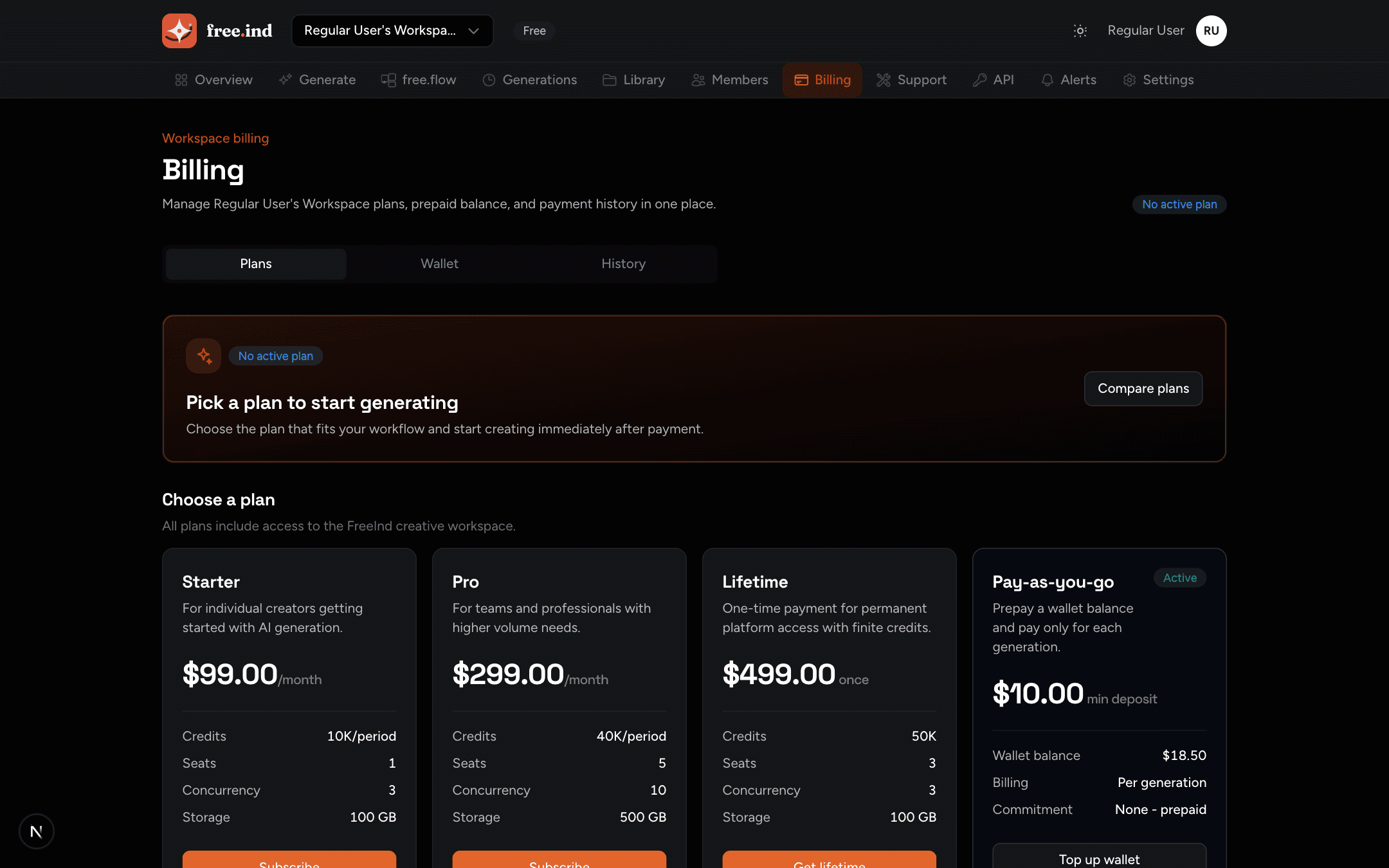Billing page with plan cards and pay-as-you-go wallet