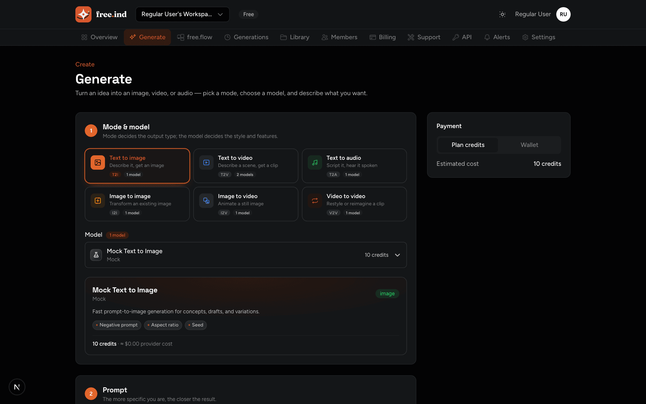 Generation studio with mode tabs, model picker, prompt, and estimated cost