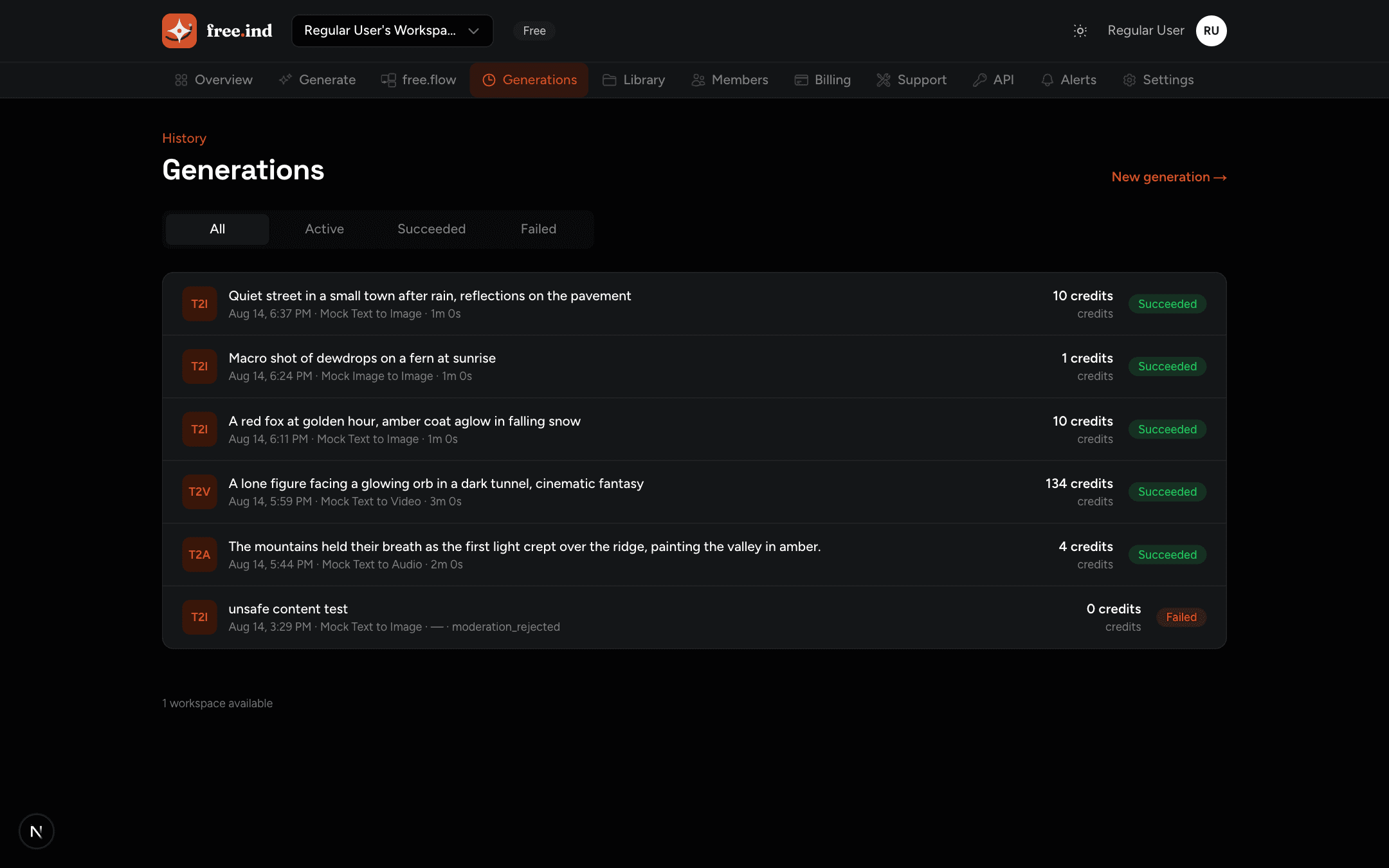 Generations history listing jobs with status pills and credit costs