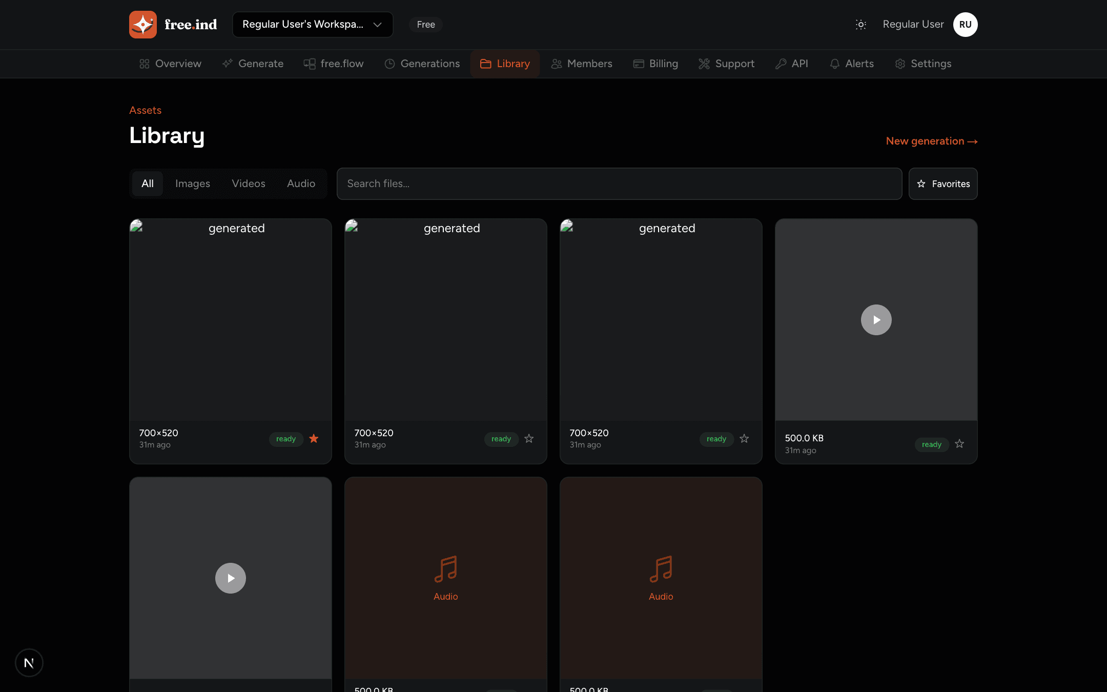 Asset library with image thumbnails, video cards, and audio players