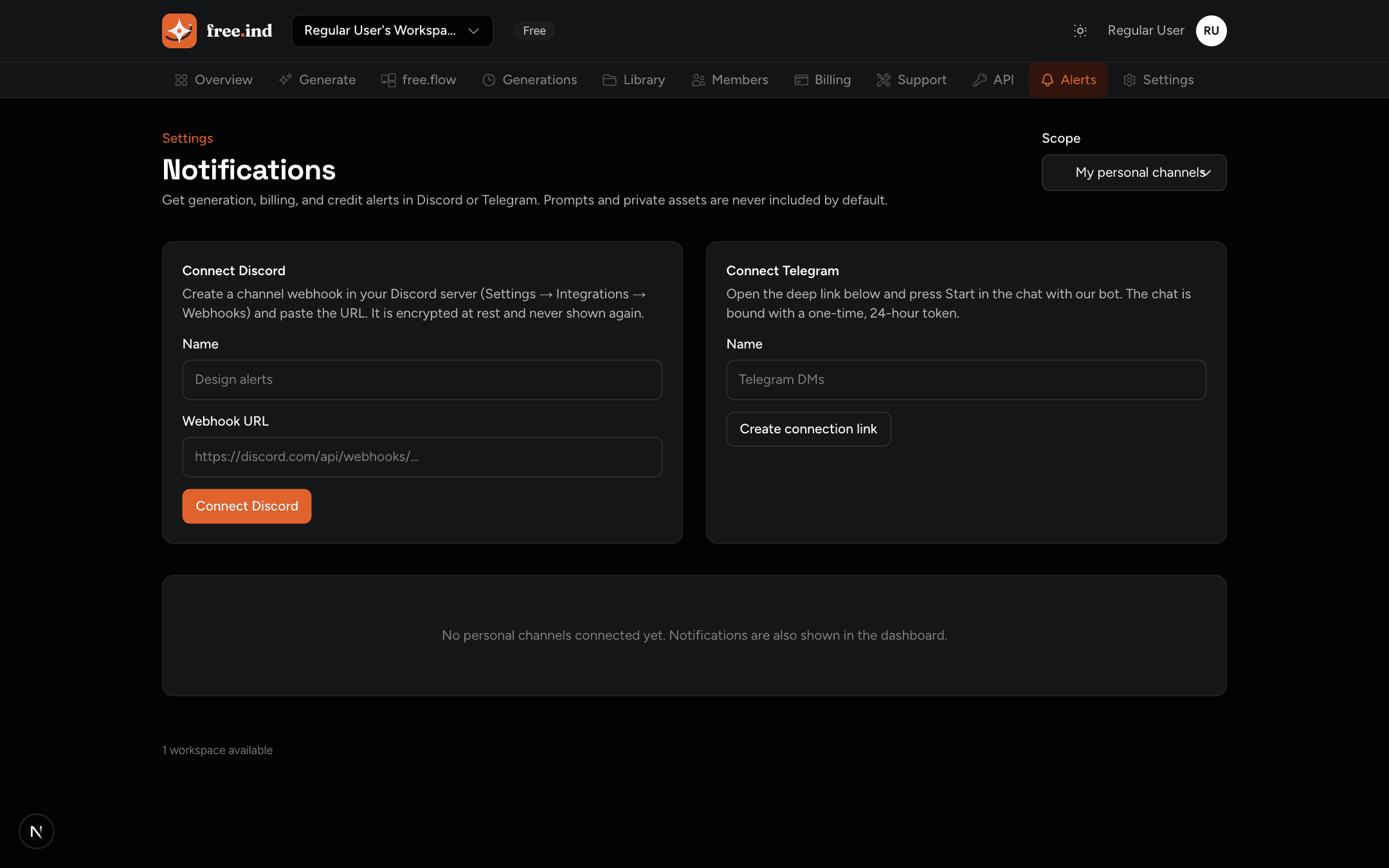 Notifications page with Discord and Telegram connection options