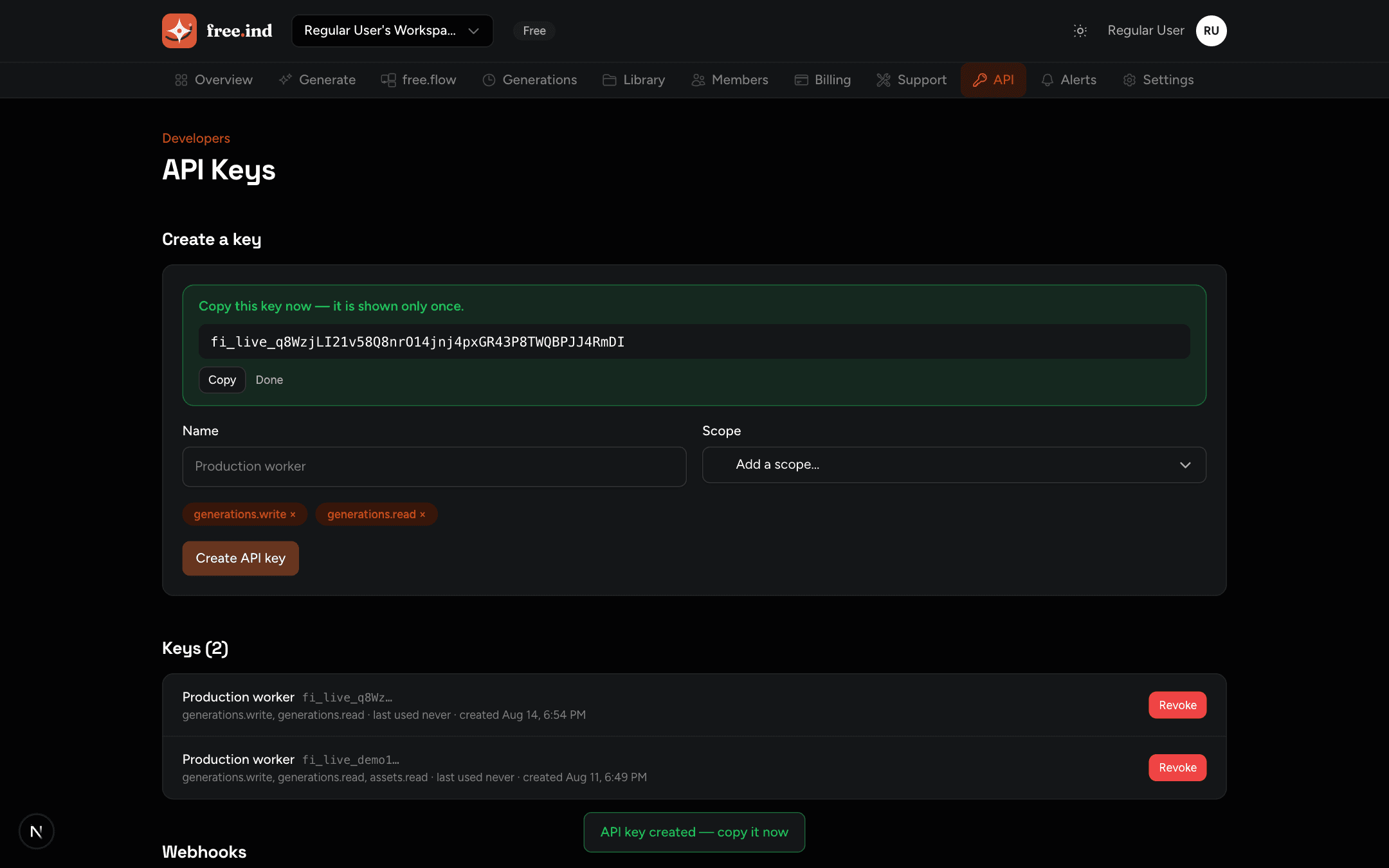 Creating an API key in the dashboard