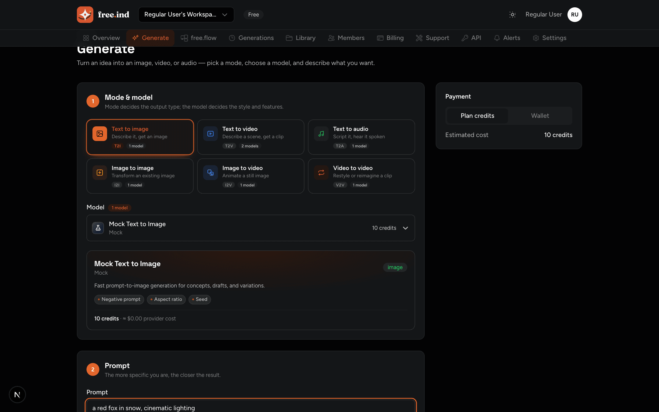 FreeInd AI generation studio with a prompt, model picker, and estimated cost