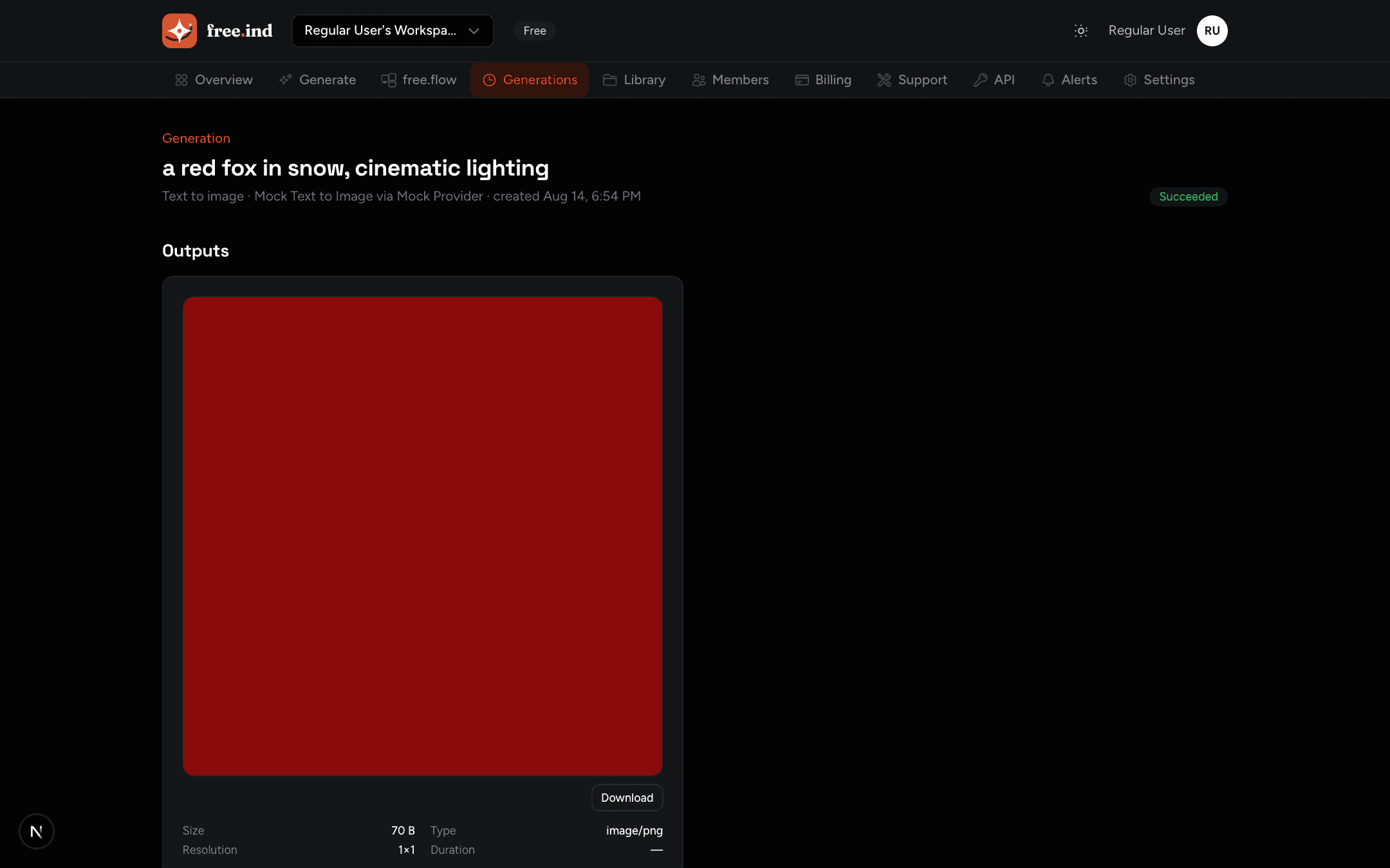 A succeeded generation with the output preview and event timeline