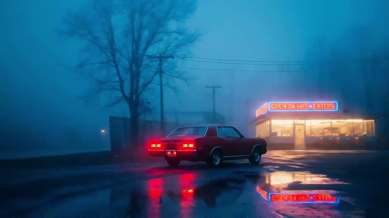 A classic muscle car parked outside a retro diner at night, neon sign glowing in the fog