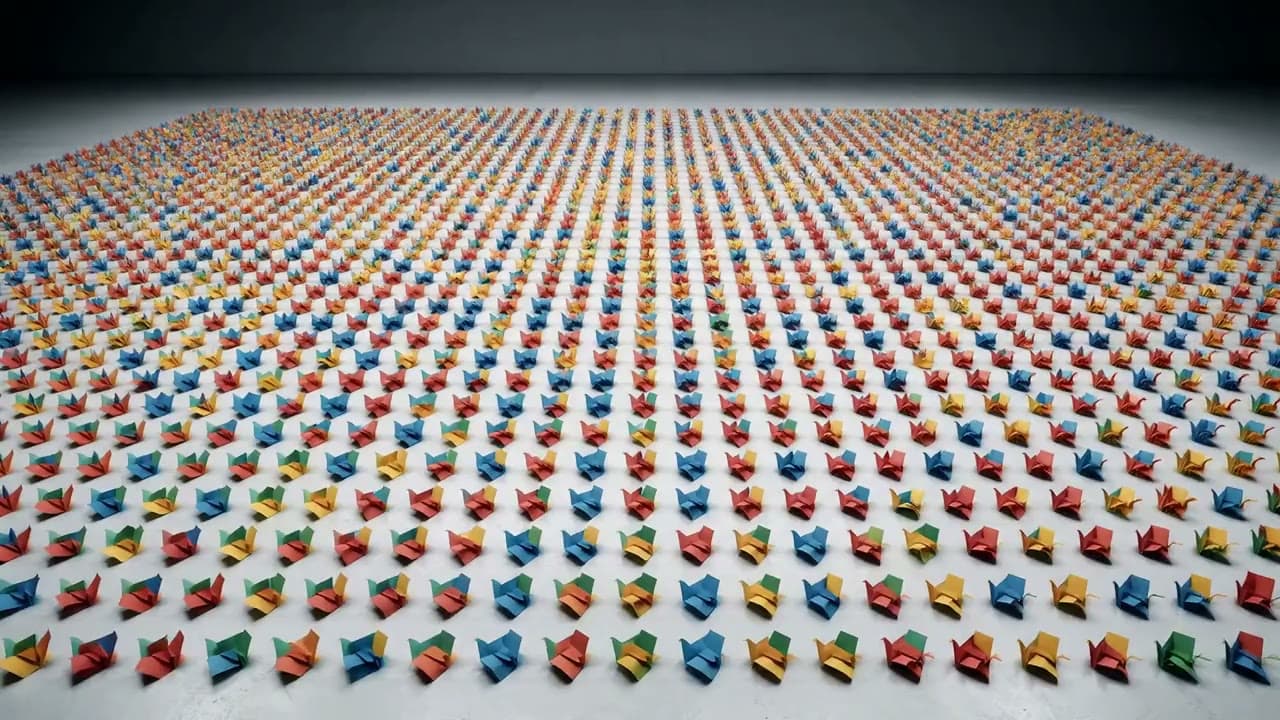 Clip of thousands of colorful origami paper figures arranged in a vast grid on a gallery floor