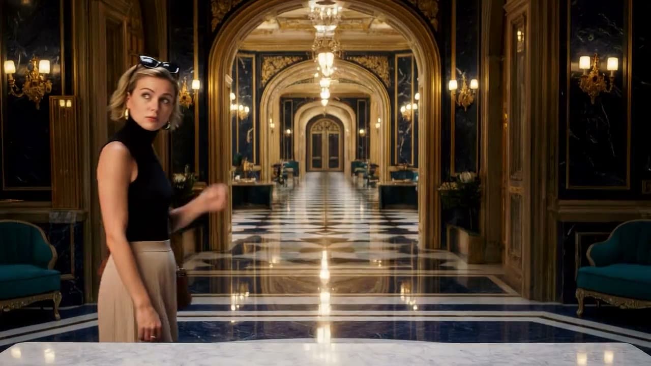 Clip of a woman walking through a gilded palace corridor with chandeliers and marble arches