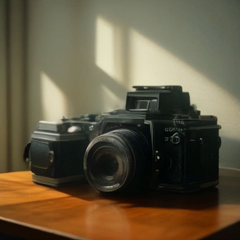 AI-generated vintage film camera on a wooden desk